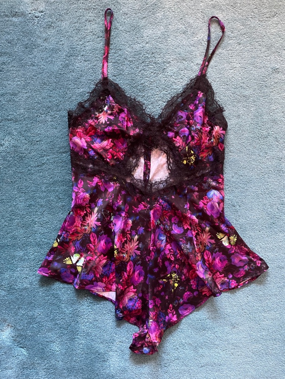 Victoria's Secret Floral Satin Chemise with Black Lace - Purple & Pink